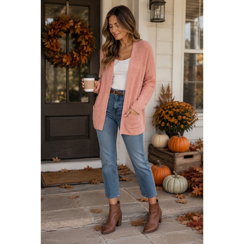 American Eagle Cardigan‎ M Blush  Ribbed Knit Open Front Pockets Soft Cozy Fall